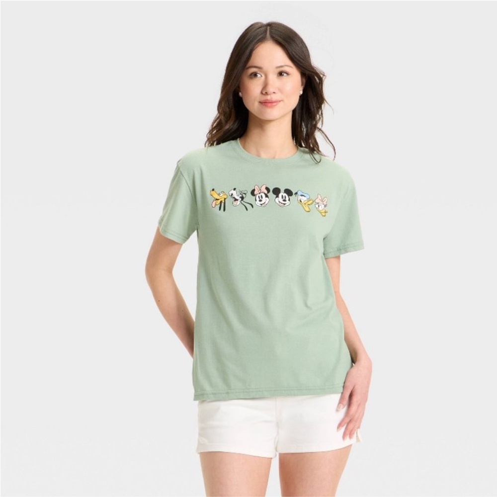 Green Graphic T-Shirt with Mickey Mouse and Friends Characters